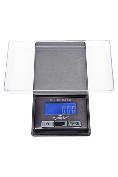 Weigh Max BLG-100 Bling pesa digital de bolsillo 100g x 0.01g, negra con tapa transparente y pantalla LCD azul - Purple Express