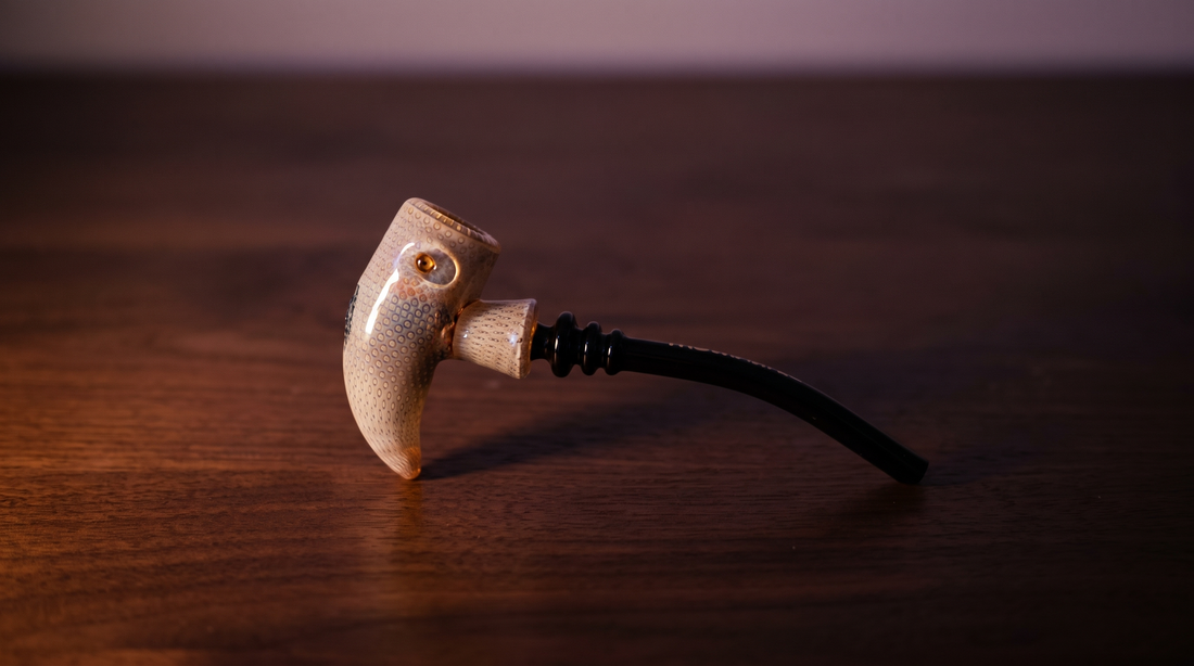 Pipa de vidrio Phoenix Sherlock sobre una mesa de nogal