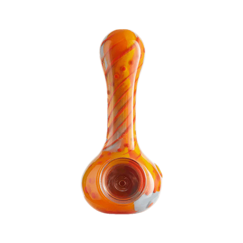 Eyce OraFlex smoking hand pipe in vibrant orange color with unique swirl design and ergonomic shape.