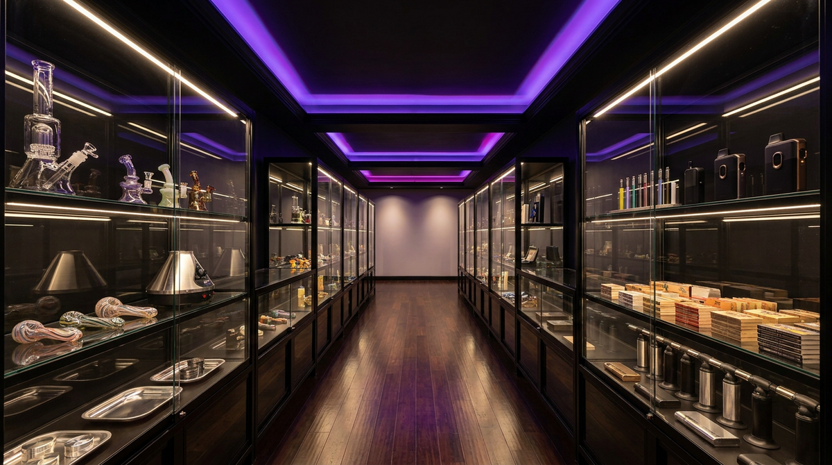 Interior de tienda mayorista Purple Express con vitrinas iluminadas